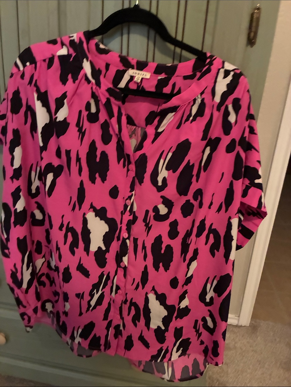 JODIFL Hot Pink Black and White Leopard-Print Button-Down Blouse